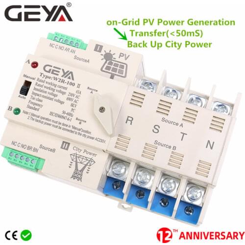 NEW GEYA Grid PV System Power Transfer to City Power Dual Power Automatic Transfer Switch Din Rail 4P 63A AC220V ATS