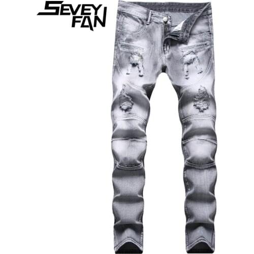 SEVEYFAN Mens Gray Ripped Hole Jeans Plus Size 42 Stretch Washed Straight Denim Pants Hi Street Casual Beggar Trousers