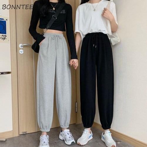 Harem Pants Women Preppy Style Solid Student Drawstring Casual Summer Harajuku Ankle-length High Waist Loose All-match Simple