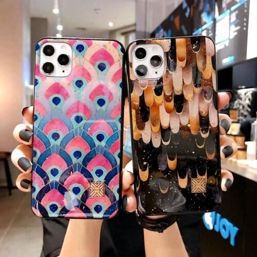 Luxury gold foil peacock feather phone case For iPhone 11 Pro Max XR 8 7 Plus XS Max SE 2020 glitter marble soft silicone case