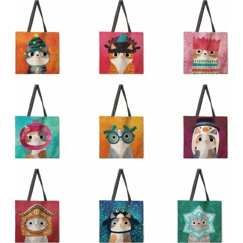 Cute flower cat leisure tote bag burlap bag green shopping bag outdoor beach bag leisure tote bag