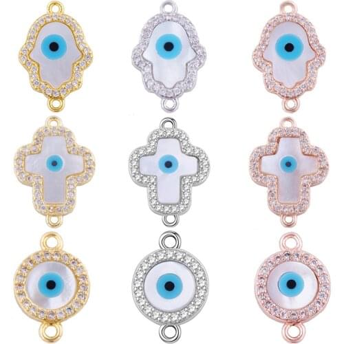 Juya DIY Turkish Eye Jewelry Findings Hamsa Cross Greek Evil Eye Shell Charm Connectors For Women Needlework Jewelry Making