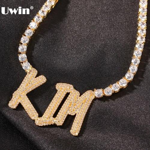 UWIN Custom Name Pendant Necklaces for Women Double Layer Cursive Pendant with 4mm CZ Tennis Chain Iced Out Fashion Jewelry