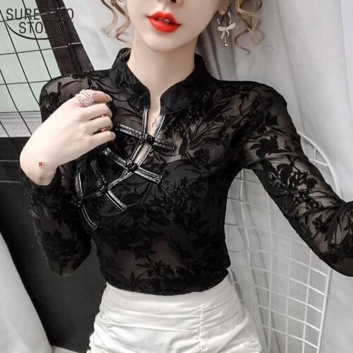 Hollow Tight See Through Womans Shirts Autumn Womens Mesh Retro Lace Bottoming Shirt Vintage Long Sleeve Sexy Mesh Top 11010