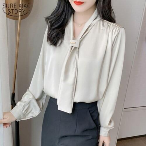 V-neck Shirt Women Autumn Long Sleeve Women Tops and Blouses Chiffon Blouse Loose Office Lady Shirt Clothes Korean Style 10842