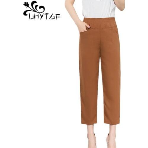 UHYTGF Women fashion pants soft comfortable ice silk straight casual thin summer pants female loose 5XL plus size trousers 1607