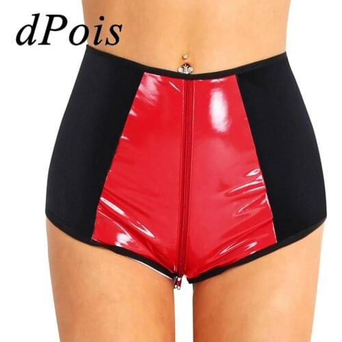 Women Hot Shorts Wetlook Faux Leather High Waist Shorts Female Zipper Crotch Underwear for Dancing Raves Festivals Costumes