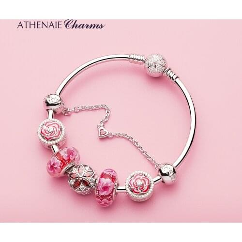 ATHENAIE 925 Sterling Silver Italian Murnao Glass Shine Zircons Red Rose Bloom Charms Bracelet For Women Jewerly Gift