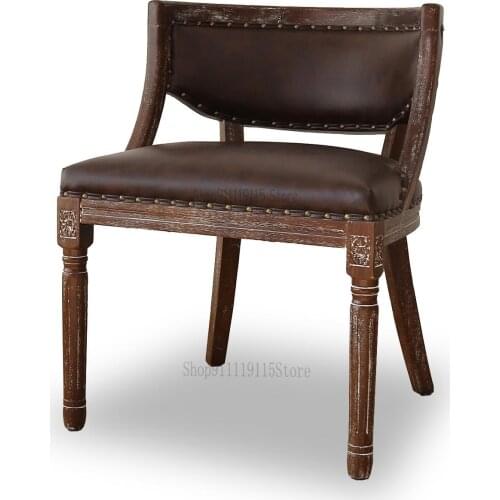 American Rural European Style Antique Leather Cotton Linen Cloth Dining Chair Solid Wood Antique Book Chair Coffee Leisure Chair