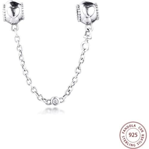 CKK Fits Pandora Bracelet Embossed Hearts Safety Chain Charms 925 Sterling Silver Beads for Jewelry Making Berloque