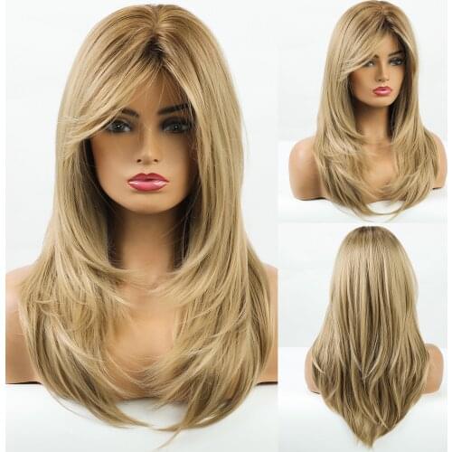Long Wavy Synthetic Wig Hair Ombre Golden Yellow Blonde Natural Straight Layered Wigs with Side Bangs for African American Women
