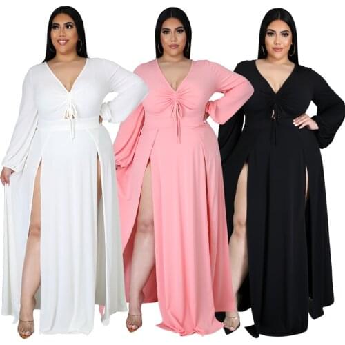 Elegant Women Lace-up V-neck Long Sleeve Sexy Plus Size Dresses 5xl Solid Color Split Fork Summer Clothes Wholesale Dropshipping