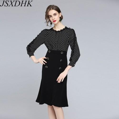 JSXDHK Autumn Women Polka Dot Mermaid Dress 2021 Elegant Ruffles Chiffon Stitching Double Breasted Bodycon Office Ladies Vestido