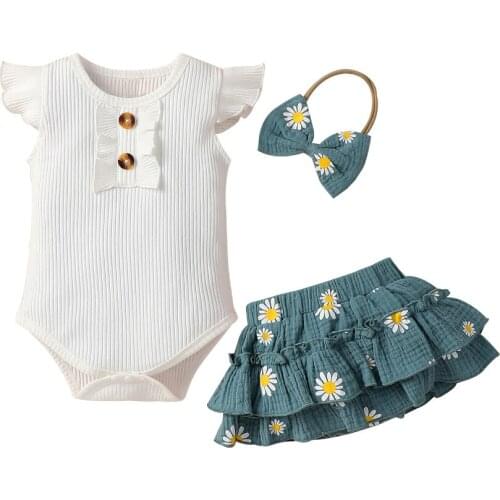 Baby Girls Summer Clothes Set Solid Color Ribbed Sleeveless Romper+Daisy Print Skirt+Bow-knot Headband Outfits