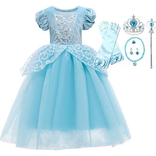 Halloween Girls Cinderella Fancy Dress Costume Puff Sleeve Layered Princess Birthday Party Gown Accessories Gift
