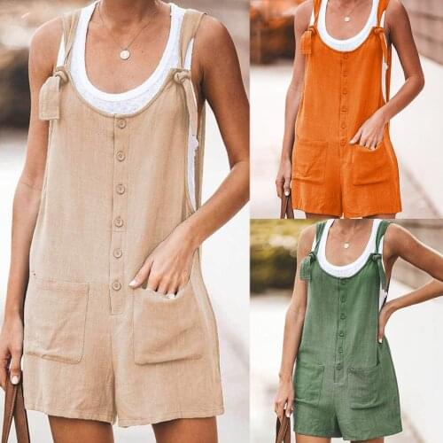 Ladies Suspender Pants Summer Romper Women Sleeveless Cotton Linen Playsuit Pockets Baggy Casual Wear Playsuit Front Button Fold
