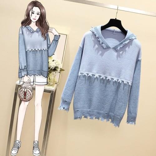 Hooded Blue Plus Large Size Oversize Korean Style Fashion Pullovers For Autumn WomenS Clothing Ladies Sweater 2021 Tops Blouse