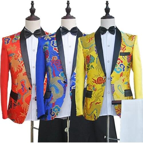 Mens Dragon Pattern Printing Colored Mosaic Not Individual Host Green Fruit Collar Stage Suit Groom Wedding Suit Two Pieces