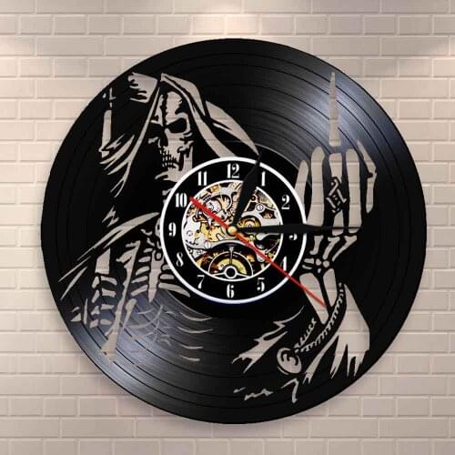 Punk Skull Wall Art Up Yours Skeleton Middle Finger Wall Clock Vinyl Record Clock Spiral Bone Finger Modern Decorative Clock