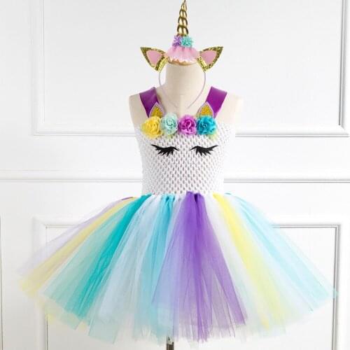 Pastel Unicorn Tutu Dress Baby Kids Girls Flowers Birthday Masquerade Party Dresses Child Purim Day Halloween Christmas Costume