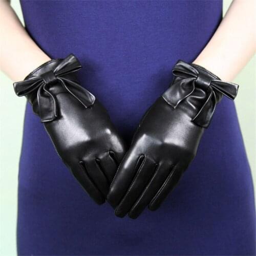 Genuine Leather Gloves Female Black Butterfly Knot Winter Warm Plus Velvet Thicken Imported Lambskin Woman Gloves DQ210