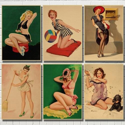 Pinup Girls Series 6 World War II Vintage Kraft Paper Classic Poster Bar Cafe Living Room Dining Wall Decorative Paintings
