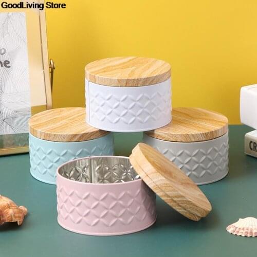 1PC Round Empty Iron Box With Wood Grain Lid Mini Striped Solid Color Tea Cans Candy Storage Box Diy Candle Making Jar Gift Box