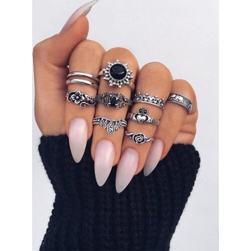 10 Pcs/Set Bohemian Women Rings Set Engraving Elephant Eyes Heart-Shaped Crown Crystal Silver Color Ring Female Party Jewelry