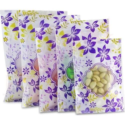 100pcs Multiple sizes Purple Matte Clear Mylar Pouch Stand Up Bags Package Open Window Pouch Floral Print Storage Zip Lock Bags