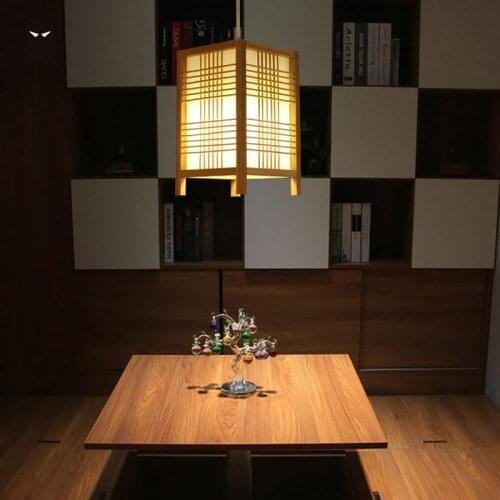 Bamboo Wicker Rattan Square Grid Shade Pendant Light Fixture Japanese Tatami Hanging Ceiling Lamp Dinging Table Room Restaurant