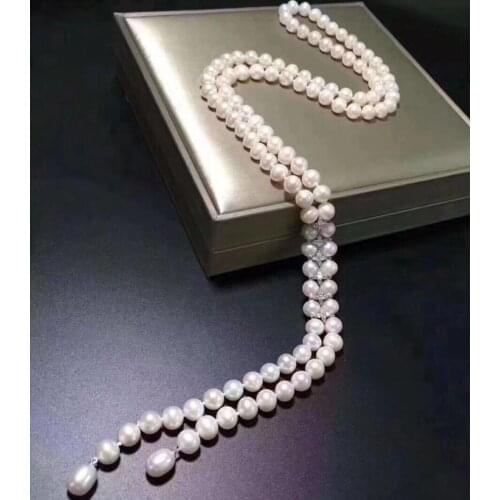 Free shipping noble jewelry long 9-10mm Freshwater white pearl necklace