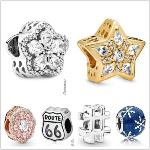 Authentic 925 Sterling Silver Sparkling Snowflake Daisy Flower With Crystal Charm Beads Fit Pandora Bracelet & Necklace Jewelry