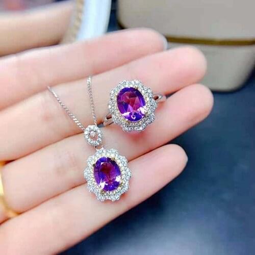 Fine Natural Amethyst Luxurious Women’s Ring Pendant Necklace Real S925 Sterling Silver Set Fashion Weddings Jewelry MeiBaPJFS