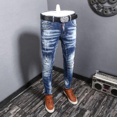 Fashion Streetwear Men Jeans Retro Blue Elastic Slim Fit Ripped Cotton Denim Pants Hombre Painted Designer Hip Hop Long Trousers