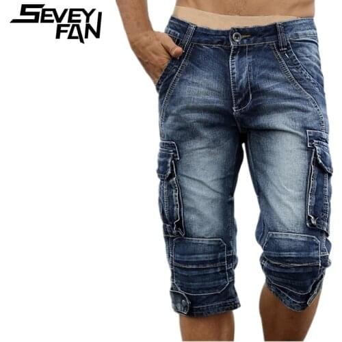 SEVEYFAN Mens Casual Cargo Denim Shorts 3D Big Pockets Washed Jeans Shorts Male Stretch Straight Pants