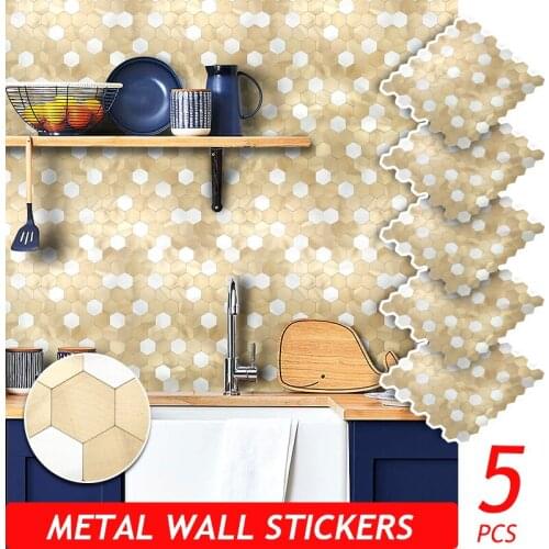 5PCS Metal Self-adhesive Wall Stickers Panels for Kitchen Bedroom Living Room Home Decor Wood Grain Hexagon Waterproof 30X30CM