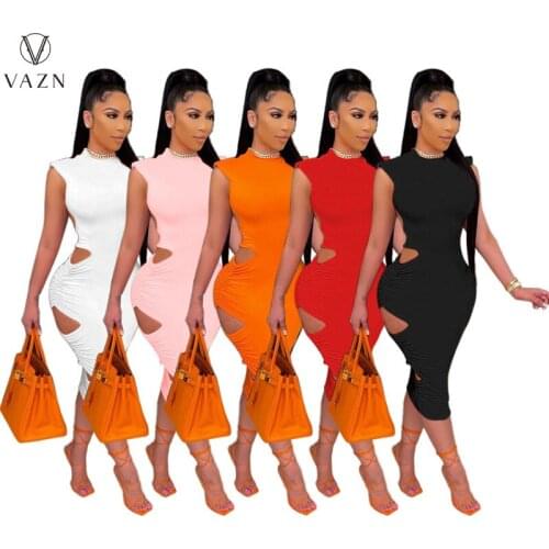 VAZN New 2021 Print Chic Sleeveless O-neck Ladies Slim Elegant Female Dress Women Deep Female Dress Sexy Maxi Beach Dress