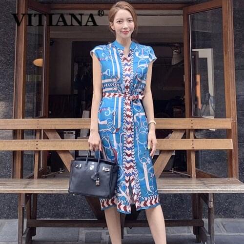 VITIANA Women Summer Office Dress For Womens Sleeveless Casual Blue Long Dresses Female Fashion OL Vestidos Femme Party Clothes