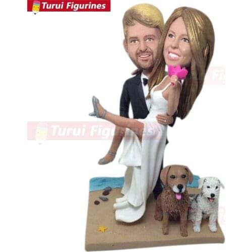 Beach Wedding Cake Topper Figurine With Pets Custom Personalized Bobble Head Clay Figurine Based on Customers' Photo Using As We