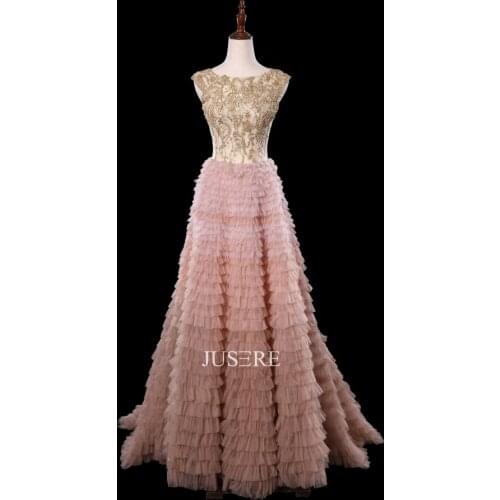 JUSERE Pink Evening Dress Sleeveless V-Back Beads Formal Party Gowns ruffle graduated color dress