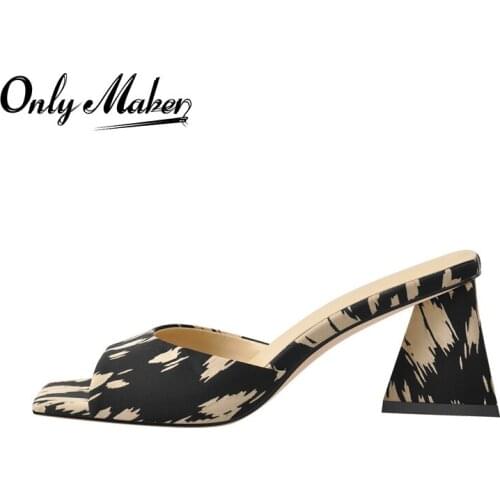 Onlymaker Summer Slip-On Sandals For Women Square Toe Satin Black White Tie-Dyed Chunky High Heels Slippers Large Size Fashion