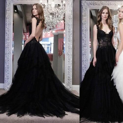 Sexy Black Gothic Wedding Dresses Bridal Gowns Plus Size A Line Lace Appliqued Hollow Backless Wedding Dress Vestido De Noiva