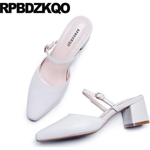 Pointed toe high heels beige genuine leather medium size 4 34 pumps 33 chunky mary jane fashion brand women shoes 2019 ladies