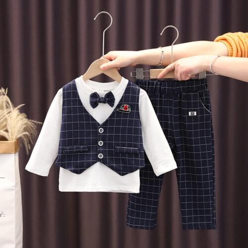 Spring Children Gentleman Suit Baby Boys Clothing Infant Lapel Plaid Vest Blouses COAT Pants 3pcs/sets Toddler Formal Suit Sets