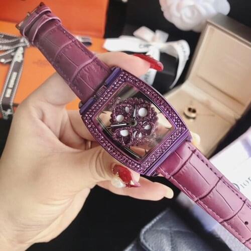 Vintage Tonneau Watches for Women Transparent Spinning Watch Noble Full Purple Crystals Wristwatch Poker Element Rotating Montre