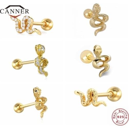 CANNER 1piece 925 Sterling Silver Small Snake Zircon Stud Earrings For Women Mini Piercing Earring 925 Silver Jewelry Pendientes