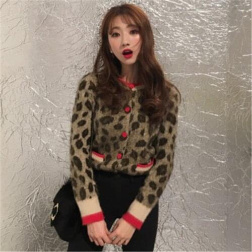 Ins Korean Chic Stitching Color Leopard Sweater Cardigans Retro Sing-breasted Long-sleeved Jumper Wool for Ladies Autumn Winter