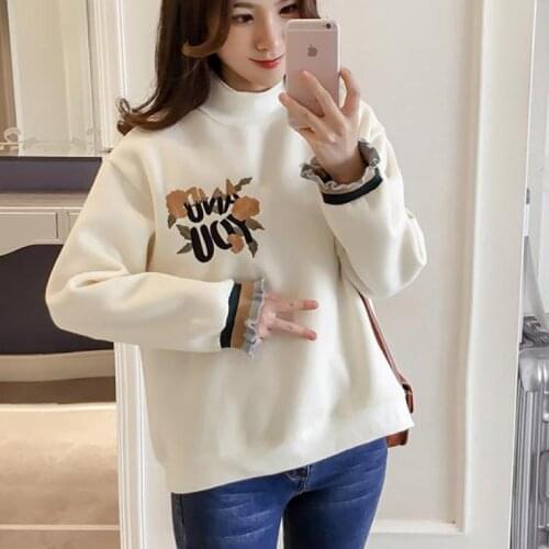 Winter Commute Petal Sleeve Loose Long-sleeved Women Hoody Sweatshirt Embroidered Flowers Harajuku Lady Pullover