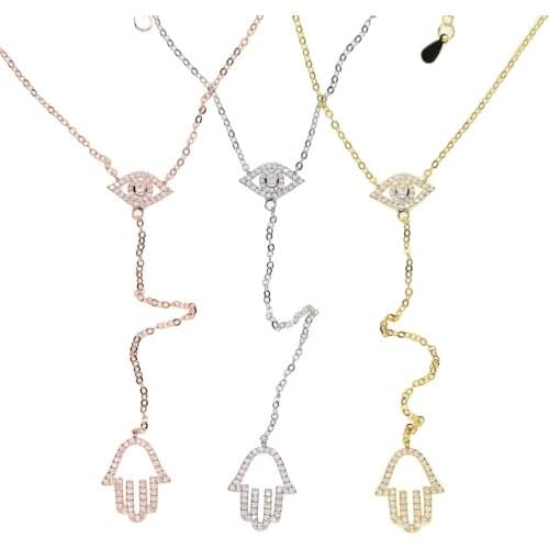 Wholesale fashion turkish evil eye hamsa hand charm jewelry long lariat chain 3 colors fashion OL lady CZ necklace high quality