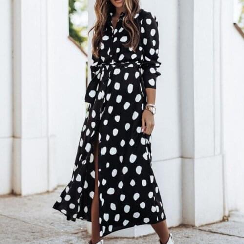 Women Elegant Party Dress Polka Dots/Floral Print Long Sleeve Spring Women Casual Button Single-breasted Belt Maxi Dress